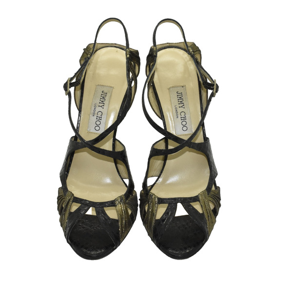 C0 Auth JIMMY CHOO Blk Python Leather Glitter Suede Strappy Sandal Heels Sz 40.5 - Picture 3 of 7